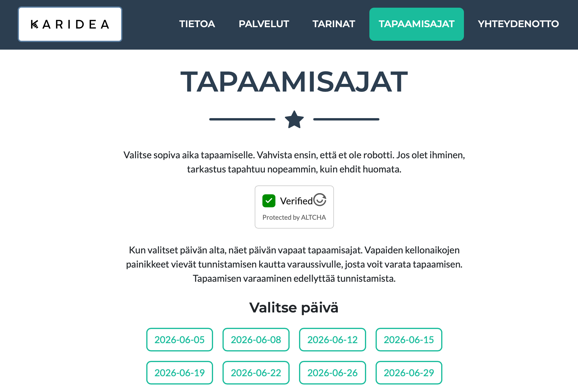 Verkkoselaimen kuvakaappaus verkkosivujen ajanvaraustoiminnosta